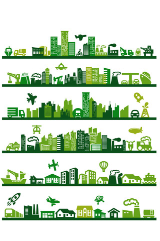 绿色环保建筑城市生活大厦都市高层公寓矢量图